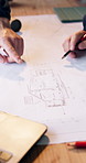 Hands, architect and blueprint with teamwork for drawing, civil engineering and building design. Architecture, people and pointing for sketch, CAD or floor plan for property development or discussion