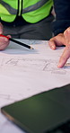Hands, architect and blueprint with team for discussion, civil engineering and building design. Architecture, people and pointing for sketch, CAD or floor plan for property development or drawing