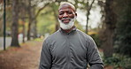 Face, black man and smile with earphones for fitness, streaming and podcast audio for exercise. Portrait, mature person and happy in nature with smart watch, listening to music and physical activity