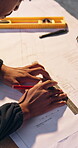 Hands, architect and blueprint with pencil for drawing, civil engineering and building design. Architecture, man and ruler for sketch, CAD or floor plan for property development or writing vision