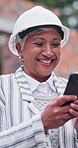 Construction, laugh and woman at site with phone for building report, online update and funny email. Architecture, happy and mature person on cellphone for internet, renovation and joke outdoor