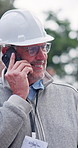 Architect, man and talk at construction site with phone call, good news or smile for building update. Happy, mature person and speaking outdoor with tech, contact or opportunity for architecture deal