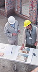 Above, walking and people with blueprint for building project, planning and construction. Architecture, contractor and men with tablet for remodeling, renovation and design for property development