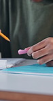 Person, hands and student with note in classroom for private message, confidential or secret. Academic, learner or piece of paper with answer or question for cheating exam, test or school assessment