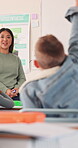Learning, child and answer teacher in class for lesson interaction, critical thinking or education. Student, educator and asking questions at school for curriculum quiz, problem solving or hands raised