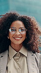 Business, face and woman outdoor with glasses, property agent or pride in real estate industry. Confidence, happy and urban broker with eyewear, leasing manager or about us as housing consultant.