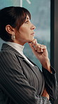 Thinking, stress and businesswoman in office with planning for finance report with decision. Choice, unsure and financial manager with brainstorming solution for investment proposal in workplace.