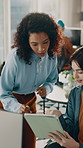 Discussion, tablet and business women in office for teamwork on front end development project. Digital technology, collaboration and web designers with review on UI interface at startup workplace.
