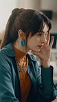 Thinking, business and woman in office with headache, stress and pressure for project fail. Thoughts, female person and overwhelmed in workplace with migraine, proposal mistake and employee burnout