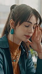 Stress, business and woman in office with headache, discomfort and pressure for project fail. Thinking, female person and overwhelmed in workplace with migraine, proposal mistake and employee burnout
