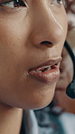 Headset, contact us and businesswoman in office with communication, crm or online consultation. Talking, mic and technical support consultant with query, customer service or help desk in workplace.