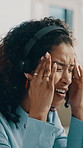 Stress, headset and businesswoman in office with burnout, fatigue or mistake on crm system. Mic, frustration and technical support agent with exhaustion on error for customer service or help desk.
