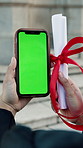 Hands, person and green screen at graduation with phone, results or diploma for academic success. Student, scroll and graduate at campus with mobile, mockup space and certification for learning award
