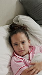 Child, awake and breakdown with anger in bed for attitude, ADHD or discipline in home. Frustrated, kid or upset daughter under blanket with rejection for mental disorder, reaction or tantrum in house