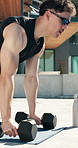 Dumbbells, exercise and push up with man outdoor for health, training or workout routine. Fitness, sunglasses and weightlifting with strong person on concrete porch of home for bodybuilding session