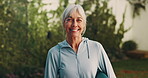 Yoga mat, fitness and face of senior woman in backyard with confidence for exercise, health or wellness. Laugh, happy and outdoor portrait of elderly person with equipment for pilates, calm or relax