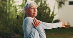 Stretching, thinking and yoga with old woman in backyard of home for fitness, health or wellness. Relax, vision and warm up with senior person outdoor in garden for activity or exercise preparation