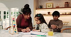 Mother, teacher and kid in home with notebook, math lesson and counting for education. Mature woman, tutoring and children at house with abacus, learning support and problem solving for study session