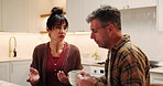 Coffee, couple and argument in kitchen for debt crisis, bankruptcy and financial problem. Mature man, woman and mortgage dispute at home, fight and frustrated with conflict for investment loss