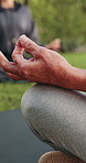 Senior, hands and meditation with zen in park for spiritual wellness, group session or stress relief. Elderly, female person or yoga with mindfulness, lotus pose or class for inner peace in nature