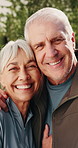 Fitness, face or old couple outdoor with embrace, bonding together or support in wellness activity. Love, smile or elderly people with portrait, healthy relationship or workout hobby in retirement.