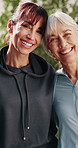 Friends, face and happy women with hug for fitness, health or outdoor wellness together in park. Portrait, active or mature female people with smile for bonding, community or friendship in nature