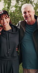 People, face and mature friends with hug in huddle for fitness, health or outdoor wellness together. Portrait, active group or smile with senior for bonding, community or aging friendship in nature