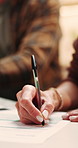 Woman, hands or writing with document for survey, home insurance or legal agreement. Female person, signing or checklist with paperwork for asset management, investment or financial contract in house