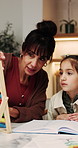 Mom, children and teaching with abacus in home for mathematics, homework or tutoring kids Mother, students or siblings counting with number toy for distance learning or childhood development in house