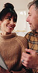Home, talking and couple on tablet for planning, online shopping and decision for interior decor. Marriage, sofa and mature man and woman on tech for research, website and bonding in conversation