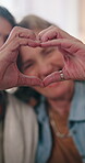 Lesbian couple, love and heart hands for support together, connection and commitment to partner. Romance gesture, LGBTQ or mature women with care, trust or loyalty for healthy relationship in house