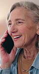 Mature, woman and laugh in house with phone call, funny conversation and gossip update on weekend. Happy, female person relax and tech in living room with contact, humor and joke for communication.