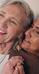 Lesbian, thinking or couple in house with holding hands, nostalgia or happy reflection on weekend. Flashback, laugh or mature women with humor, LGBTQ connection or comic mindset in relationship.