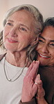 Lesbian, thinking or couple in home with holding hands, love or marriage reflection on weekend break. Flashback, smile or mature women with nostalgia, LGBTQ connection or calm mindset in relationship
