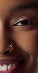 Face, happy and woman with makeup for beauty, natural glow and transformation for clear skin. Portrait, African person or closeup with cosmetics for facial change, makeover and grooming for aesthetic