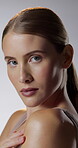 Beauty, face and smile with woman in studio for cosmetics, dermatology or hydration results. Aesthetic, shoulder touch and skincare with happy person on white background for grooming or wellness