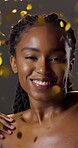 Beauty, confetti and face of black woman in studio for celebration, results or satisfaction. Glitter, glow and shine with funny person on dark background for achievement or skincare milestone
