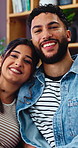 Smile, love and face of couple in home with connection, bonding or care in marriage on weekend. Smile, portrait and woman embracing man in living room for commitment, loyalty and trust in apartment.