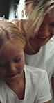 Happy child, love and bonding with mom in home, relax and laugh with daughter on break or childcare. Family house, parent and woman with smile for girl, support and affection for kid and connection