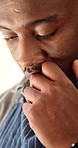 Waiter, stress and thinking in restaurant with tablet, browsing or problem solving for menu mistake. Nervous, black man or worker in cafe with tech, reading bad review or worry for hospitality crisis