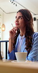 Thinking, laptop and businesswoman in cafe with planning, ideas or decision on finance report. Choice, computer and mature financial manager with freelance project for investment in coffee shop.