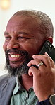 Phone call, laugh and black man in office for funny communication on finance negotiation. Happy, cellphone and financial manager on mobile discussion for investment feedback, news or review at agency