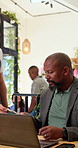 Server, man and machine at cafe with card, payment and contactless for transaction. Waiter, male person and electronic pos for checkout, purchase coffee and fintech for customer experience at store