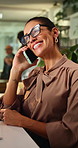 Phone call, happy and businesswoman in office at night with communication for finance negotiation. Glasses, deadline and mature financial manager on mobile discussion for investment feedback.
