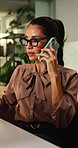 Phone call, glasses and businesswoman in office at night with communication for finance negotiation. Cellphone, deadline and mature financial manager on mobile discussion for investment feedback.