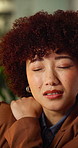 Shoulder, pain and business woman in office with tension, injury or pressure for deadline at night. Professional, massage and person with muscle strain for fatigue, burnout or frustrated for overtime