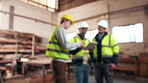 Blur, carpentry and meeting with men in warehouse together for discussion, feedback or report. Conversation, review and tablet with people in woodworking factory for collaboration or online update