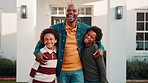 Face, father and smile with children at new house, property purchase and support for relocation. Portrait, man and embrace kids for loan approval, home lease and moving in for real estate investment