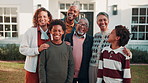 Face, family and smile outdoor at new house, property purchase and relocation at front yard. Portrait, people or children for loan approval, residential lease and moving in for real estate investment