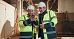 Men, carpenter and happy in warehouse with phone, project approval or viral design ideas on social media. Team, tech and coffee in timber factory with planning, online or smile for deadline extension